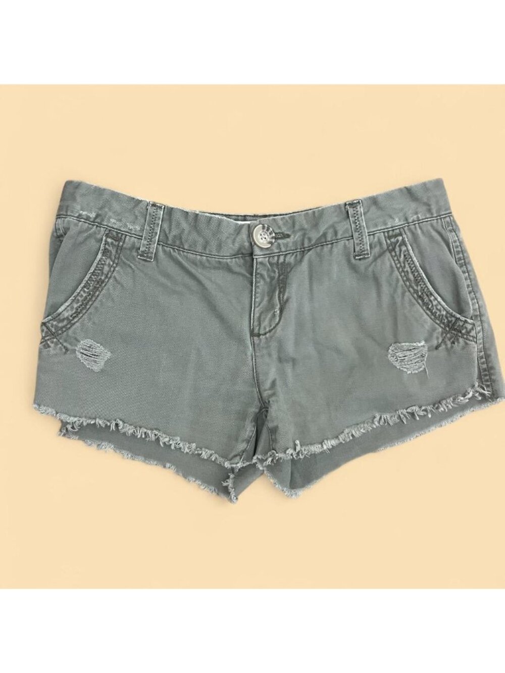2010s gray green preppy granola grunge low rise distressed mini shorts
